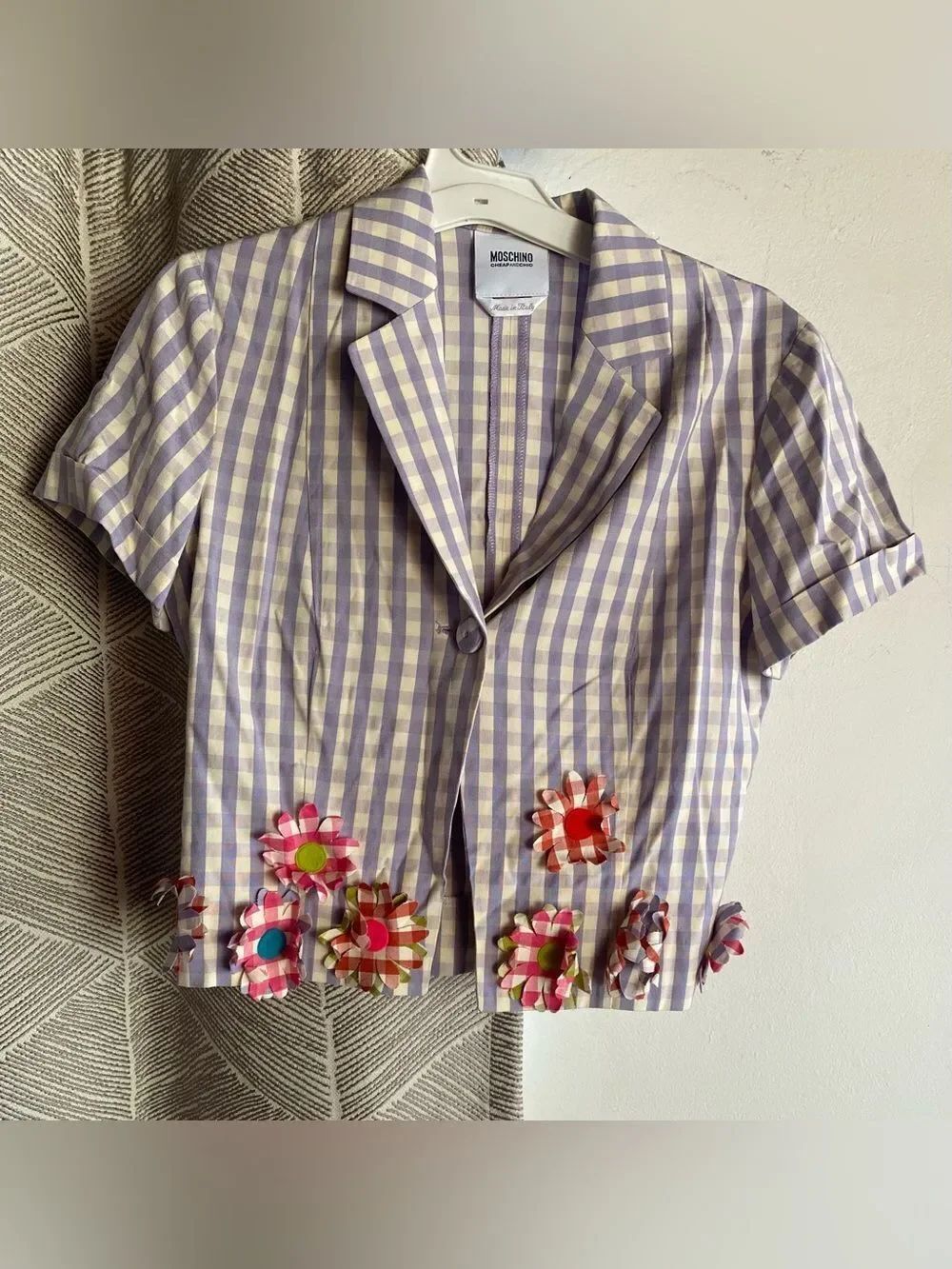 Moschino Lavender and Cream Gingham Cropped Blazer Short sleeve Sz 6